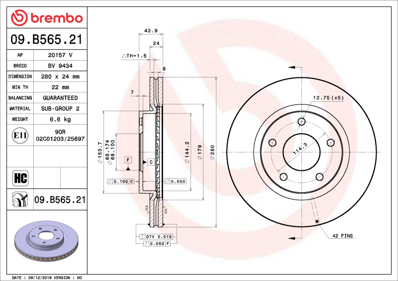 Nissan Sentra Brake Rotor (1) - Front - Brembo OE - UV Coated - `13-`19